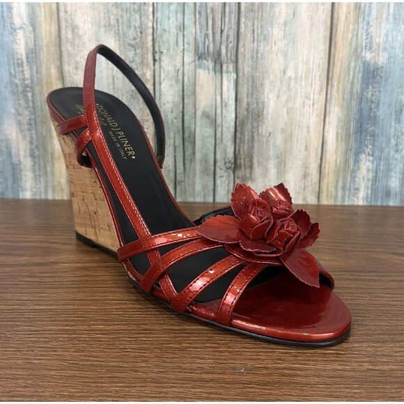 Donald J. Pliner Shoes - Donald J Pliner Womens 9.5 Red Leather Cork Wedge Slingback Flower Sandals